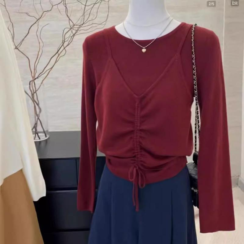Crew Neck Fake Two-piece Knitted Sweater Women's Autumn New Design Sense Gentle Drawstring Versatile Bottoming Shirt Women