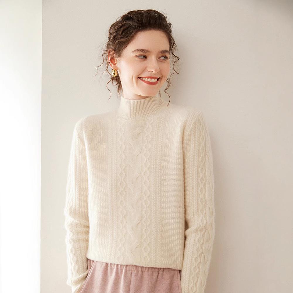 Women's Cable Knit Cashmere Sweater - Twisted Flower Bobble Stitch, Half-High Collar, Slim Fit