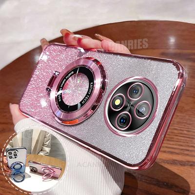 Reno12f Luxury Glitter Plating Holder Case For Oppo Reno12 F Fs 4g 5g Reno 12 10 Pro 8t 7 6 5 Lite Silicone Stand Cover Reno12fs