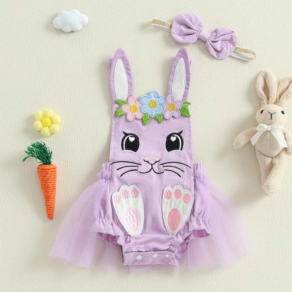 Baby Girl Summer Romper Rabbit Embroidery Square Neck Short Sleeveless Cute Fashion Bodysuit with Bow Headband