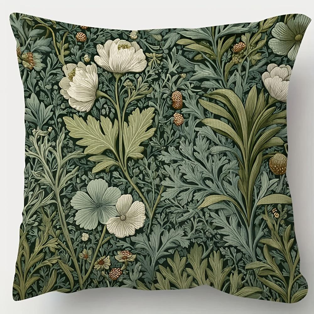 1pc William Morris Floral Cushion Cover - Vintage Plant Sage Green Pillowcase with Forest Weed Patt