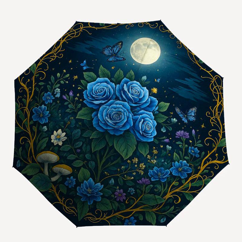 Blauer Rosengarten Mondnacht Regenschirm, Tragbarer 3-fach Regenschirm für Männer & Frauen, Weihnachtsgeschenk ES351