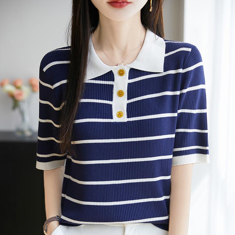 Новая летняя повседневная и универсальная полосатая футболка с отворотомjavascript: S темно-синий