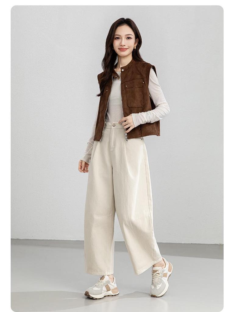 Yi Fei Women's High-Waist Slimming Cotton Trousers - Solid Color, Korean Style, Petite Spring 2026