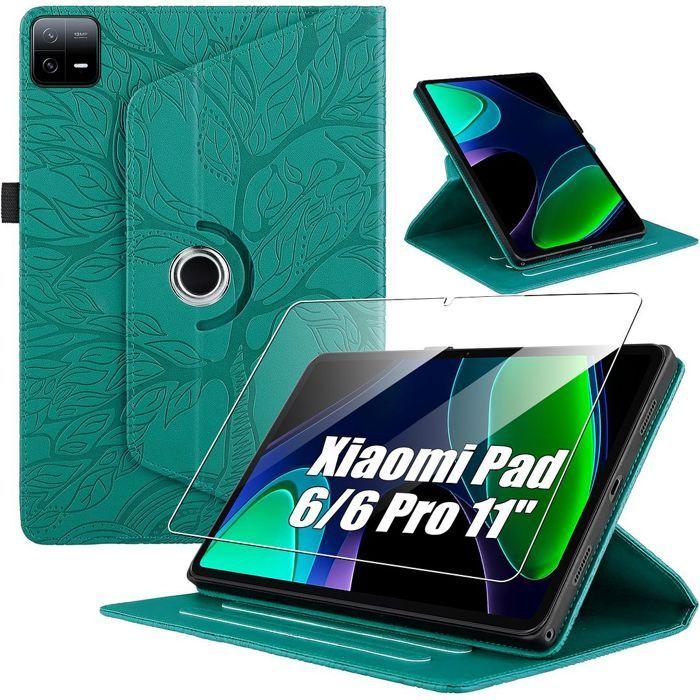 Coque + Verre Trempé pour Xiaomi Pad 6 / 6 Pro, Protection Anti-Rayrues Rotatif 360° Cuir PU Vert