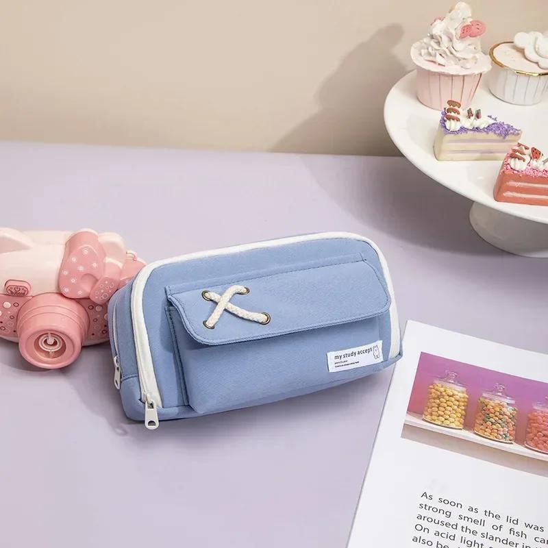 

Roomier Capacity Canvas Stationery Organizer Multi Layer Zipper Compartment for Pens Pencils and Home Office Supplies синий