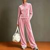 Women's Casual 2 Piece Set - Color Stand Collar Cardigan with Wide Leg Pants
