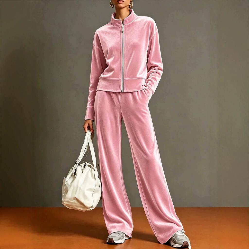 Women's Casual 2 Piece Set - Color Stand Collar Cardigan with Wide Leg Pants