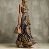 Damen High Neck Ärmelloses Maxikleid mit Barockdruck Schmal geschnitten Hohe Taille Elegant Party Abendkleid