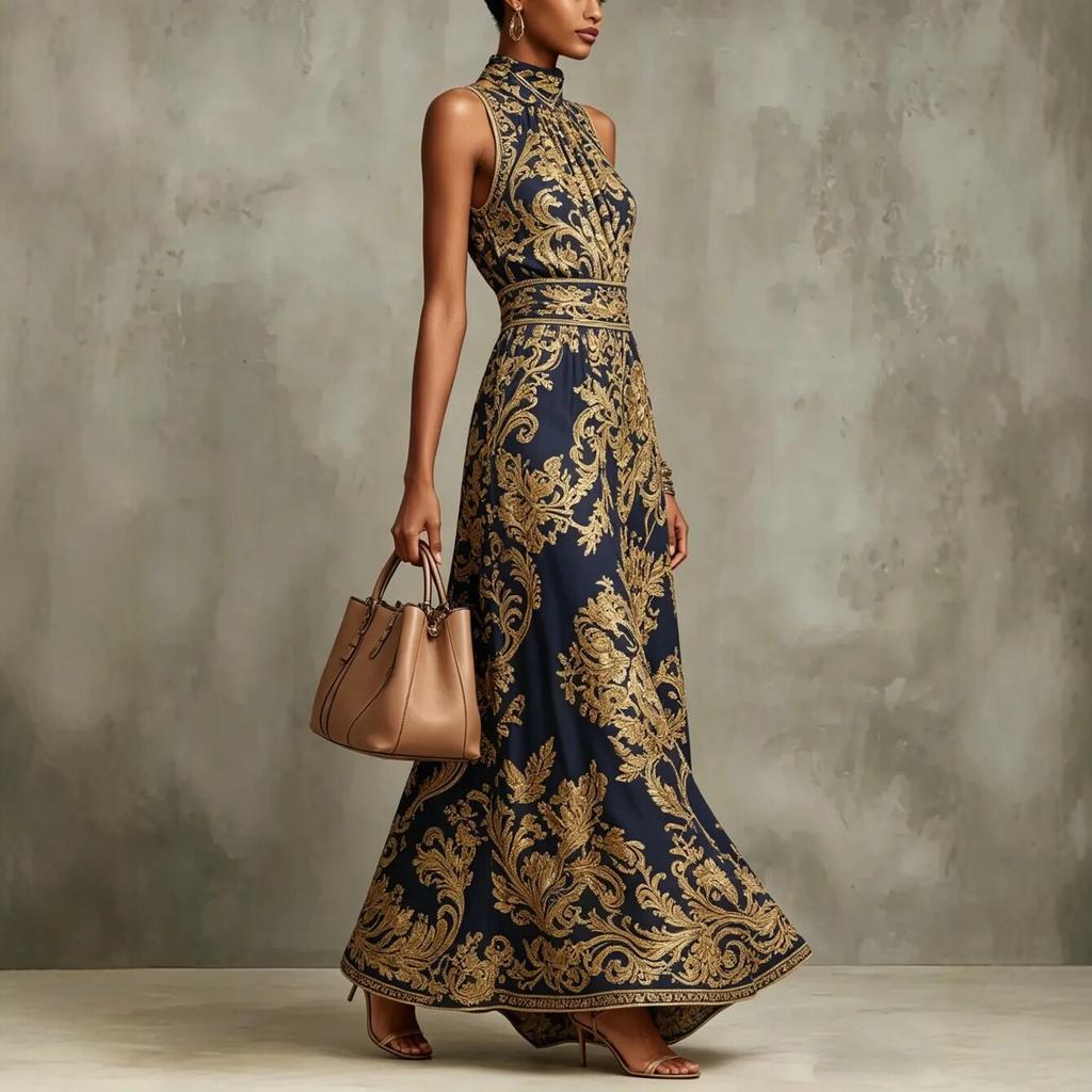 Damen High Neck Ärmelloses Maxikleid mit Barockdruck Schmal geschnitten Hohe Taille Elegant Party Abendkleid