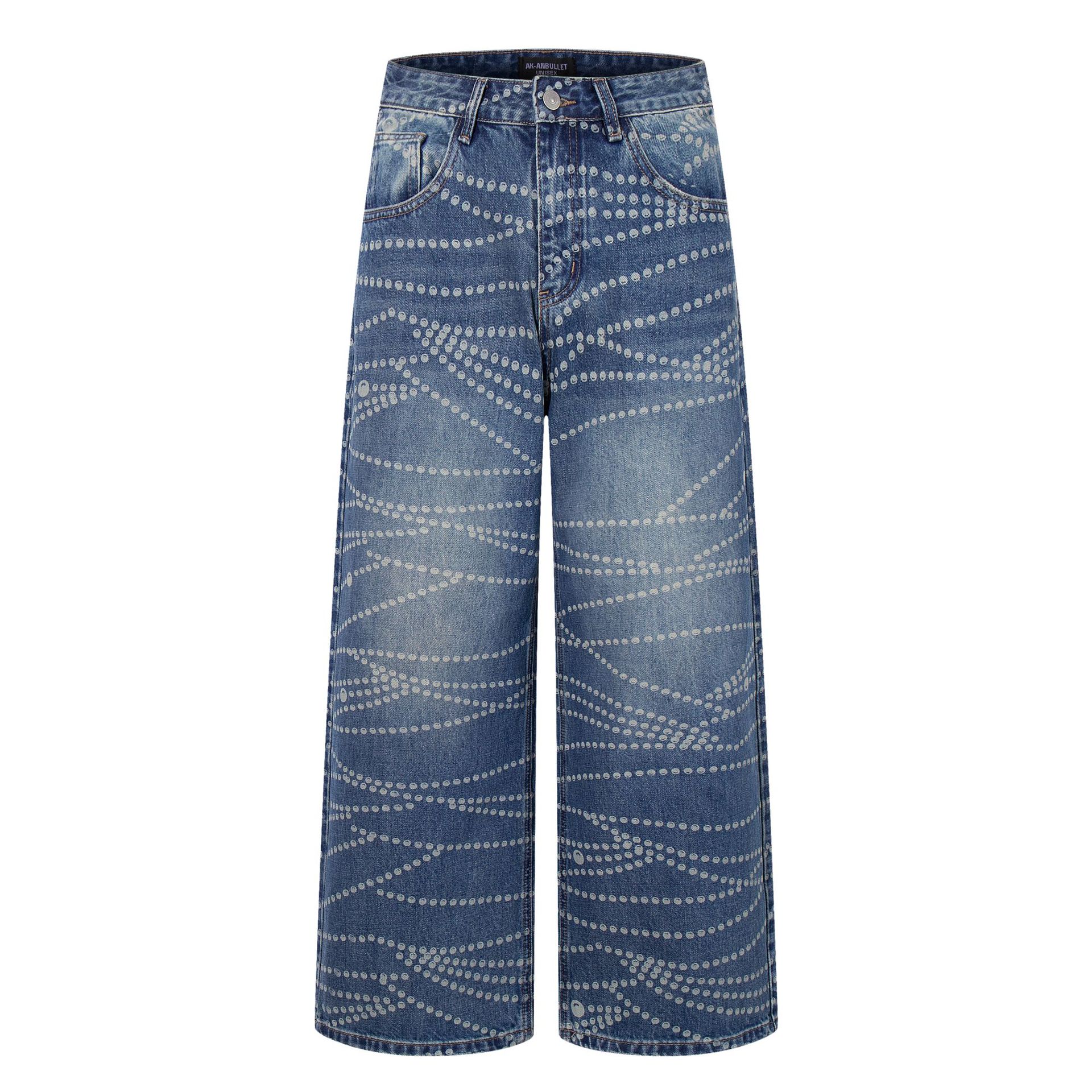 Men s Autumn American High Street RO Wind Print Washed Jeans Loose Wide Leg Pants S синий