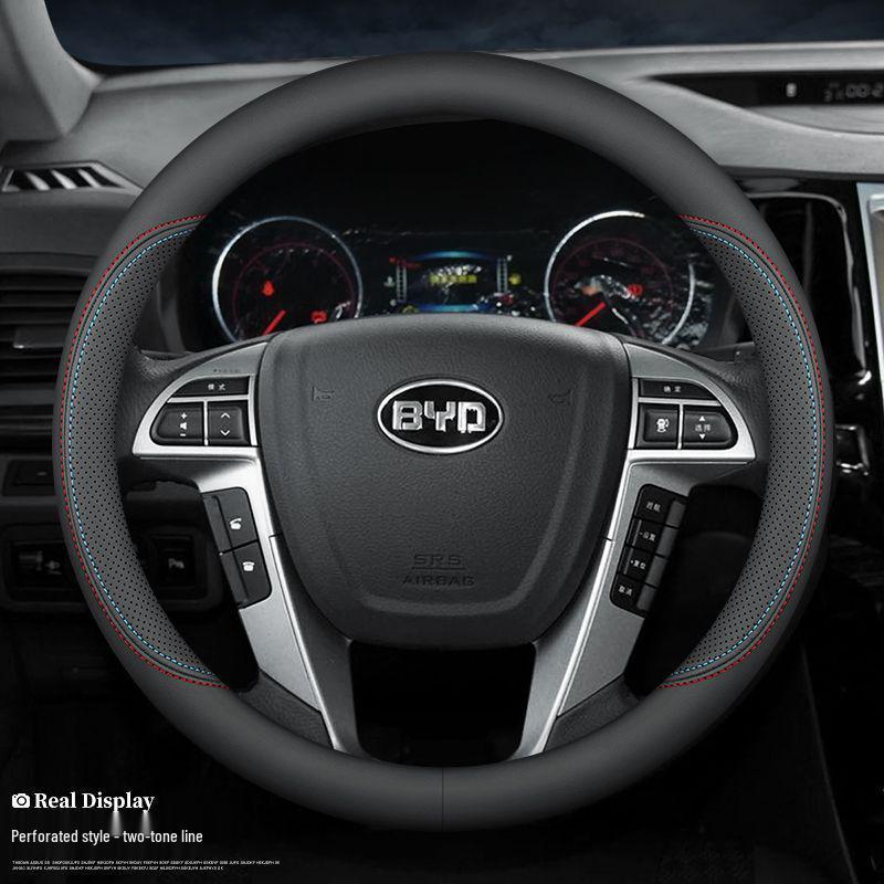 BYD New Energy Genuine Leather Steering Wheel Cover - Ultra-thin, All-season for Han, Tang, Qin, Song, MAX, Yuan, E2F3 models.