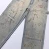 Mens Distressed Ripped Denim Jeans With Bloodstain Print Loose Fit Straight Leg Mid-Waist Stretch Cotton Streetwear Casual
