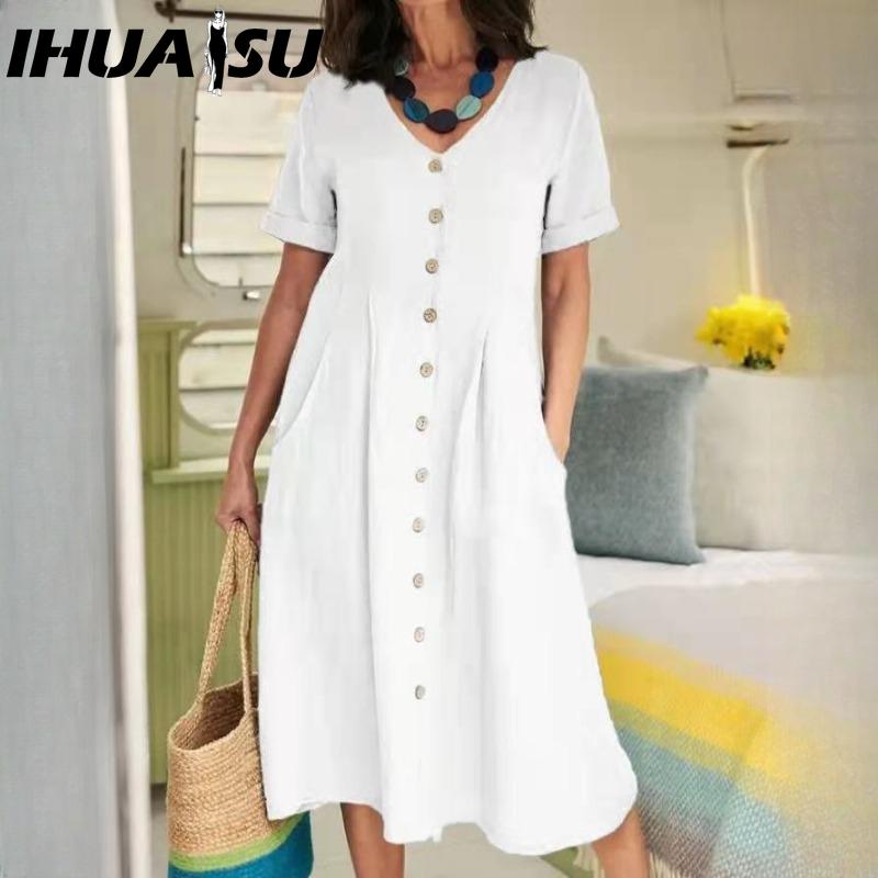 IHUASU Damenmode Sommer Frühling Einfarbig Druck V-Ausschnitt Hohe Taille Lässige Kleider