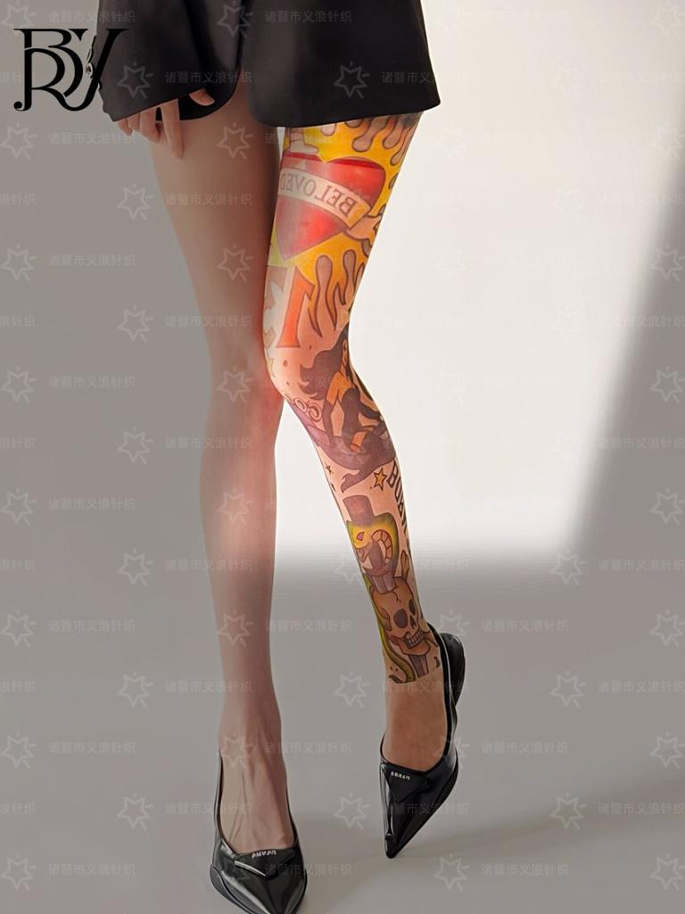 Daifa Temu Floral Leg Tattoo Stockings Tattoo Single Tube Socks Women'S Sexy Printed Leggings Imitation Tattoo Socks