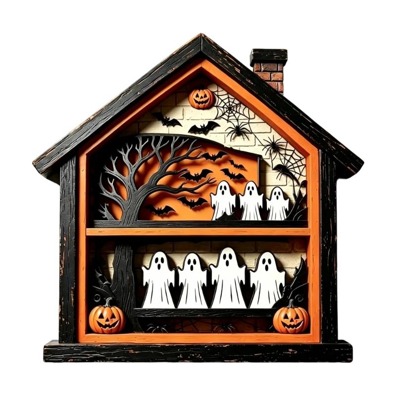 Ghostly Table Signs Halloween Table Centerpieces Tiered Tray Decors Wooden Halloween House Scene Accent for Shelf Use, Standing Indoor Display Piece