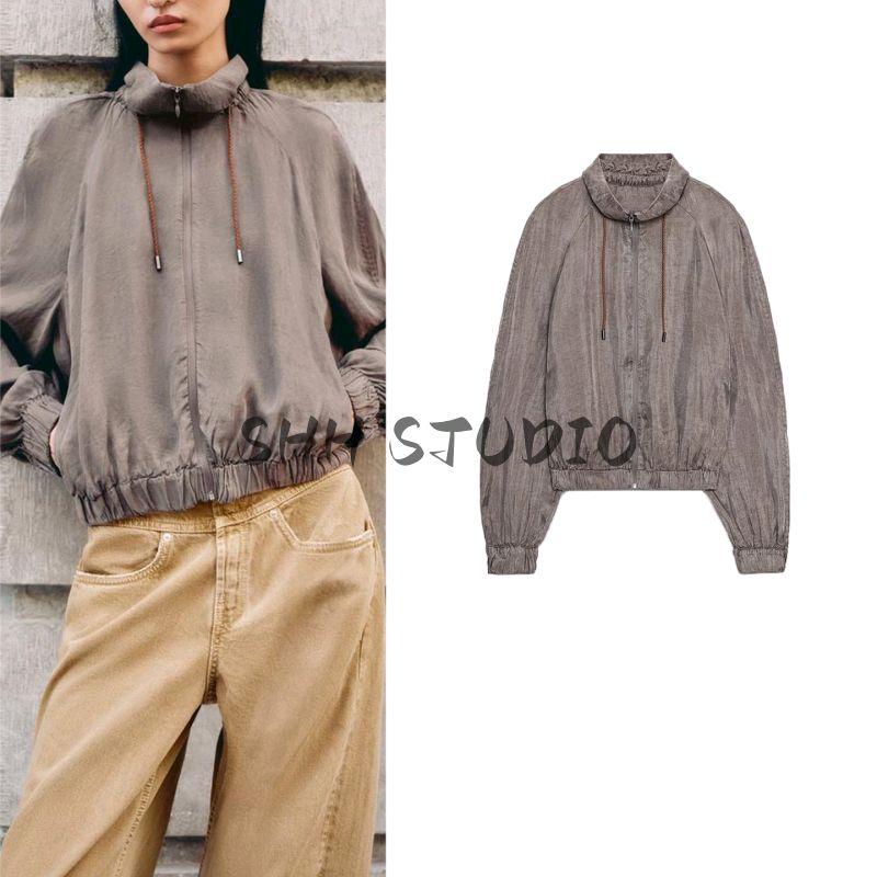 Fall New Women's Clothing Contrast Color Lace-up High Collar Long Sleeves Vertical Pilot Jacket Outwear 2183245