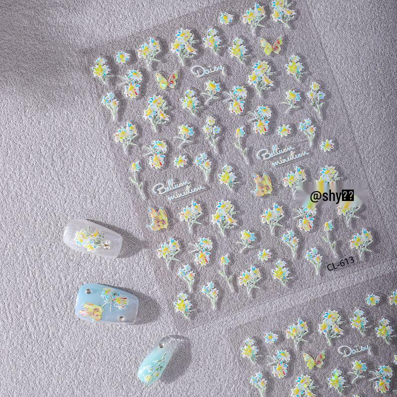

Cyansea Seasonal Daisy & Butterfly Embossed Nail Art Stickers - Floral & Plaid DIY Waterproof Decals for Autumn to Spring Floral Butterfly Design [1 sheet]