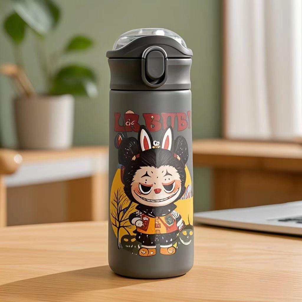 Hüpfbecher Thermobecher Hochwertig Niedlich Cartoon 3D Musterdruck Tragbarer Strohhalm Doppelwandiger Trinkbecher