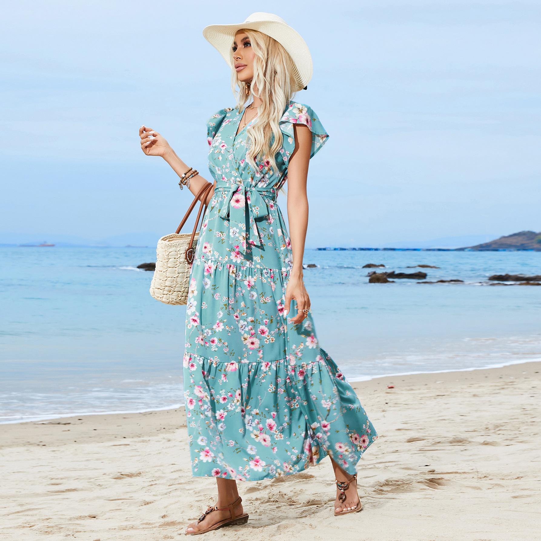 

Летние женские платья с принтом, корсетные платья с v-образным вырезом и короткими рукавами, богемные праздничные пляжные платья XL синий/зелёный