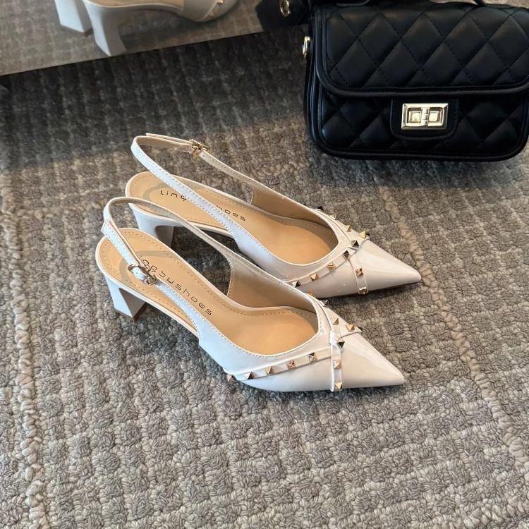 2025 new bag head thick heel female rivet French fairy style single shoes pointed patent leather not tired feet fashion sandals