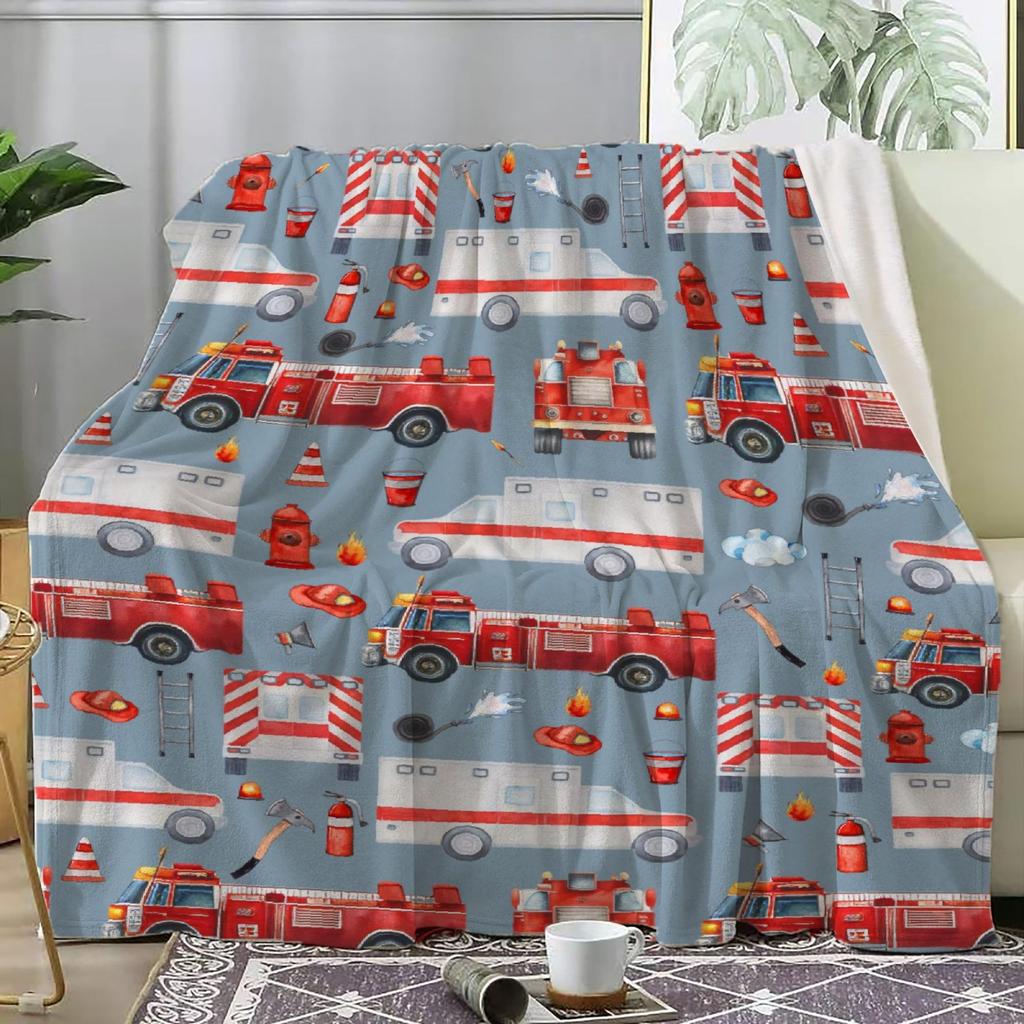 Cartoon Fire Engine Digital-printed Polyester Bedroom Velvet Flannel Cover Blanket Fleece Soft Sofa Cover Blankets for Beds