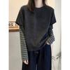 German Velvet Polished Fake Two-piece Striped Long-sleeved T-shirt Women's Design Sense Fashionable Versatile Thickened Top Spring, Autumn and Winter