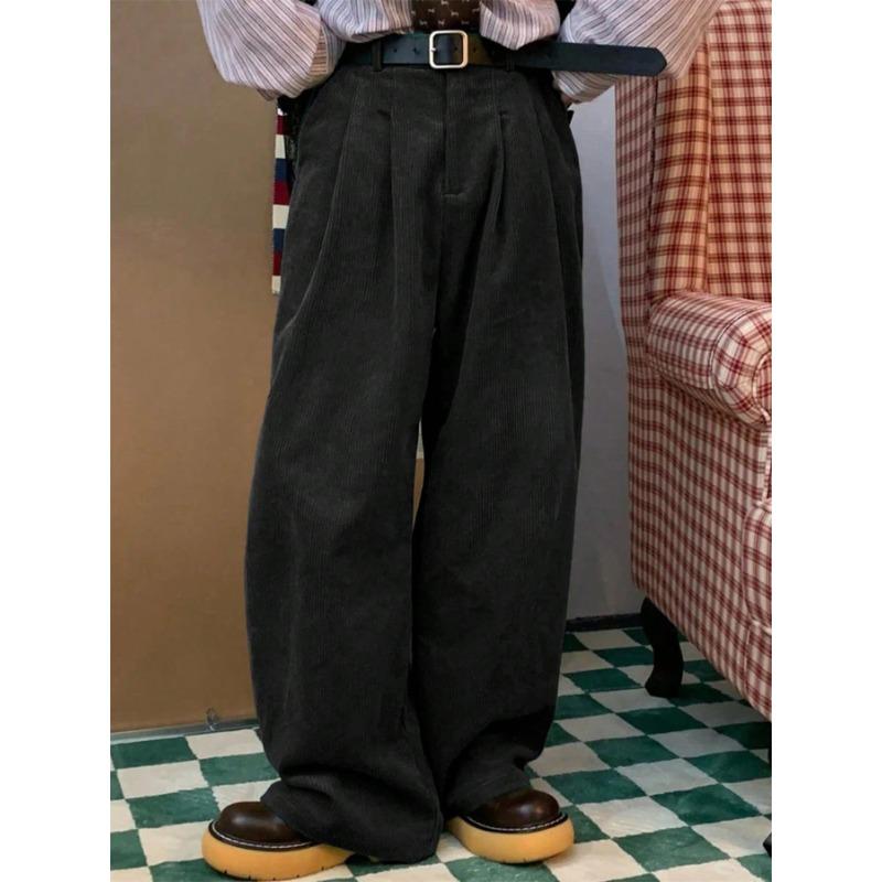 Men's Solid Color Corduroy Trousers Vintage Classic Ribbed Elastic Waist Micro-pleated Daily Pants