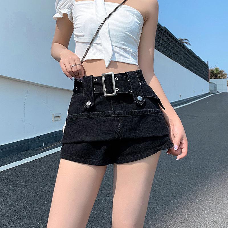 Klassischer, vielseitiger, tragbarer, strapazierfähiger schwarzer Rock mit hoher Taille, dünne, sexy A-Linien-Bustierhose, Paket-Hüftrock, Damen-Sommermode, kurzer Jeansrock