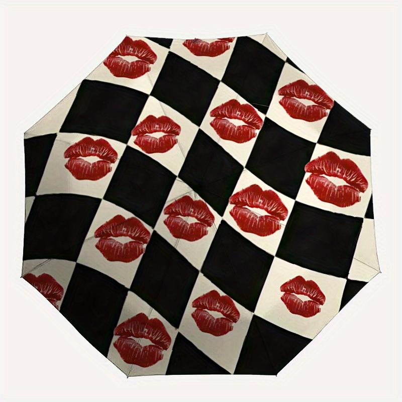 

1pc Lips Chessboard Automatic Open/close, Heavy-Duty Iron Frame & 8-Rib structure, Compact Folding Umbrella for Women/Men, All-Season Travel, Hallowee
