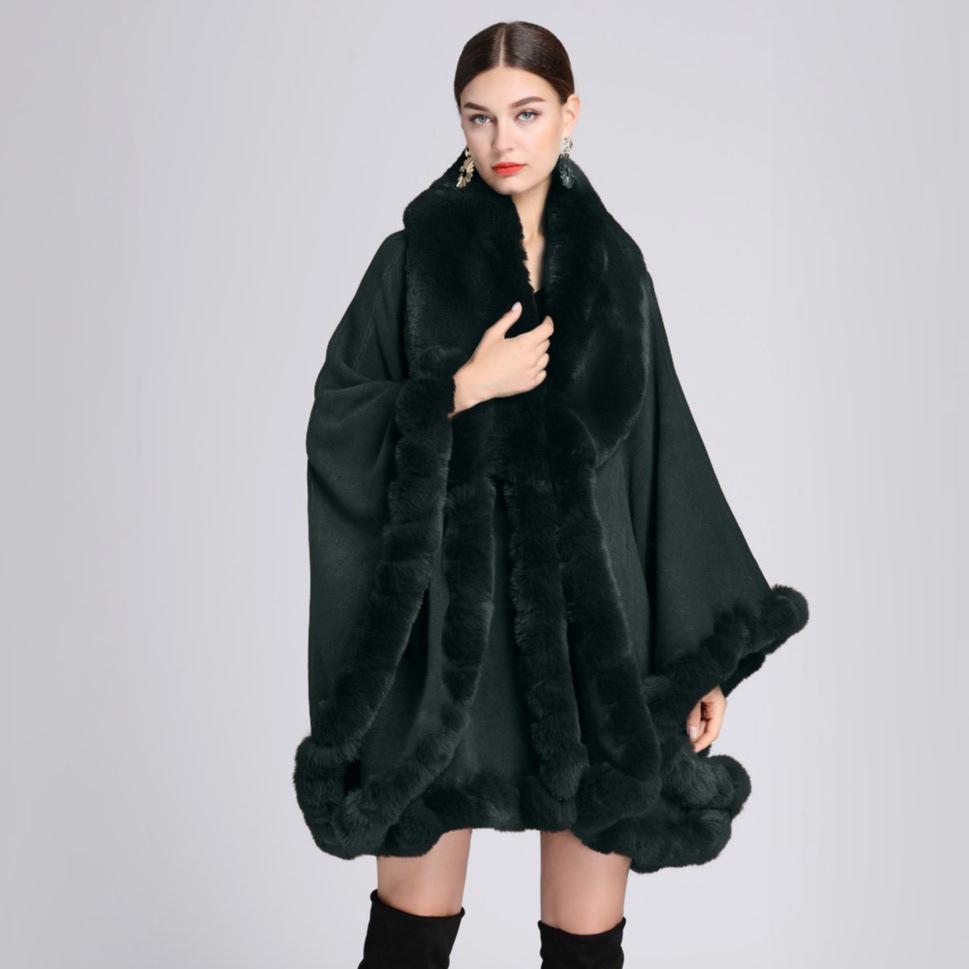 Women's Imitation Rex Rabbit Fur Collar Shawl Cape - Large Size, Knitted Loose Fit Cardigan for Autumn and Winter