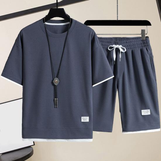 2 Pcs/Set Men Summer Tracksuit Set Casual Loose Solid Color Short Sleeves Elastic Waist Sports Drawstring Workout T-shirt Shorts Set Male Clothes