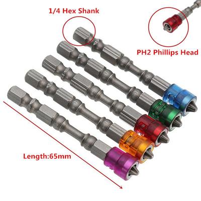 5Pcs S2 Alloy PH2 Phillips Single Head Magnetic Screwdriver Bits Anti-Slip 1/4 Inch Hex Shank Drywall Electric Screwdriver Tools