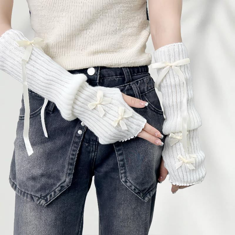 Women'S Bow-Knot Hand Sleeve Half-Finger Gloves Knitted Wool Ribbon Sleeves Fashionable Ballet Style Arm Sleeves