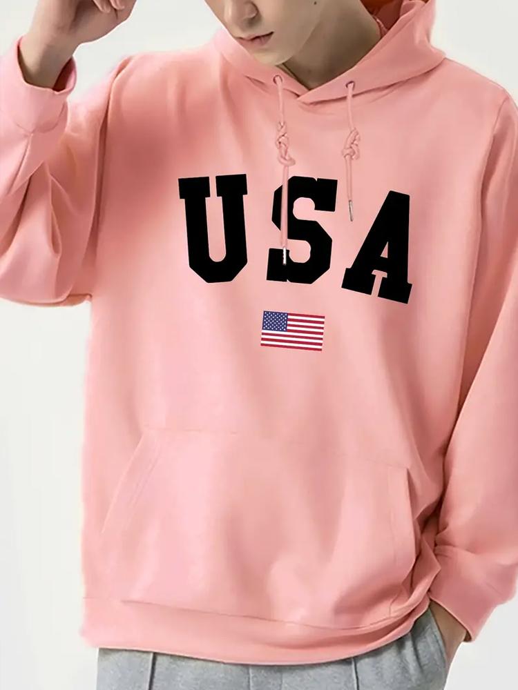 

Стильная мужская толстовка с капюшоном из мягкого полиэстера, удобная, с модным принтом в виде флага США, повседневная одежда на каждый день 4XL розовый
