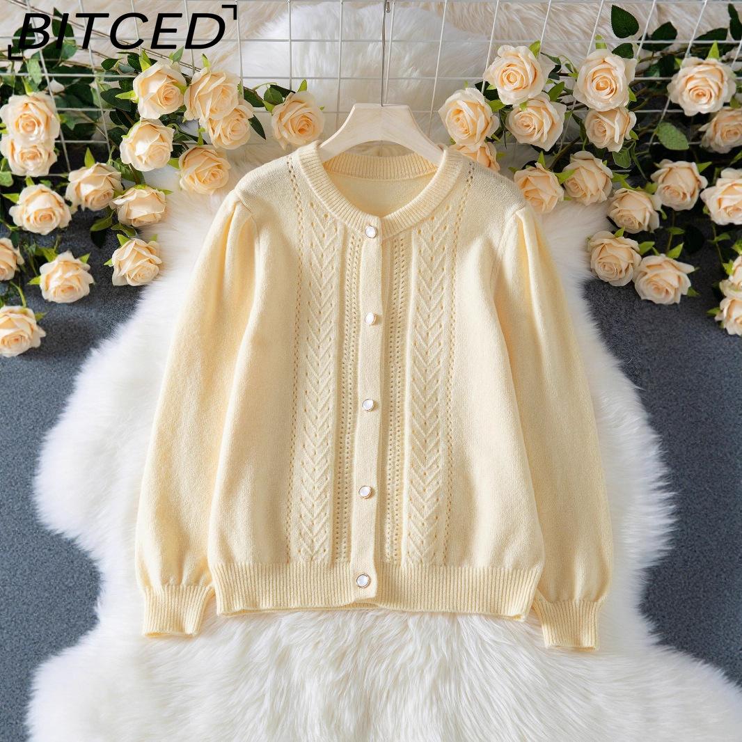 

BITCED Autumn/Winter Women s Elegant Knitted Cardigan with Crochet Lace-Up Design, Long Sleeves and Single-Breasted Button-Up Sweater Coat XL бежевый