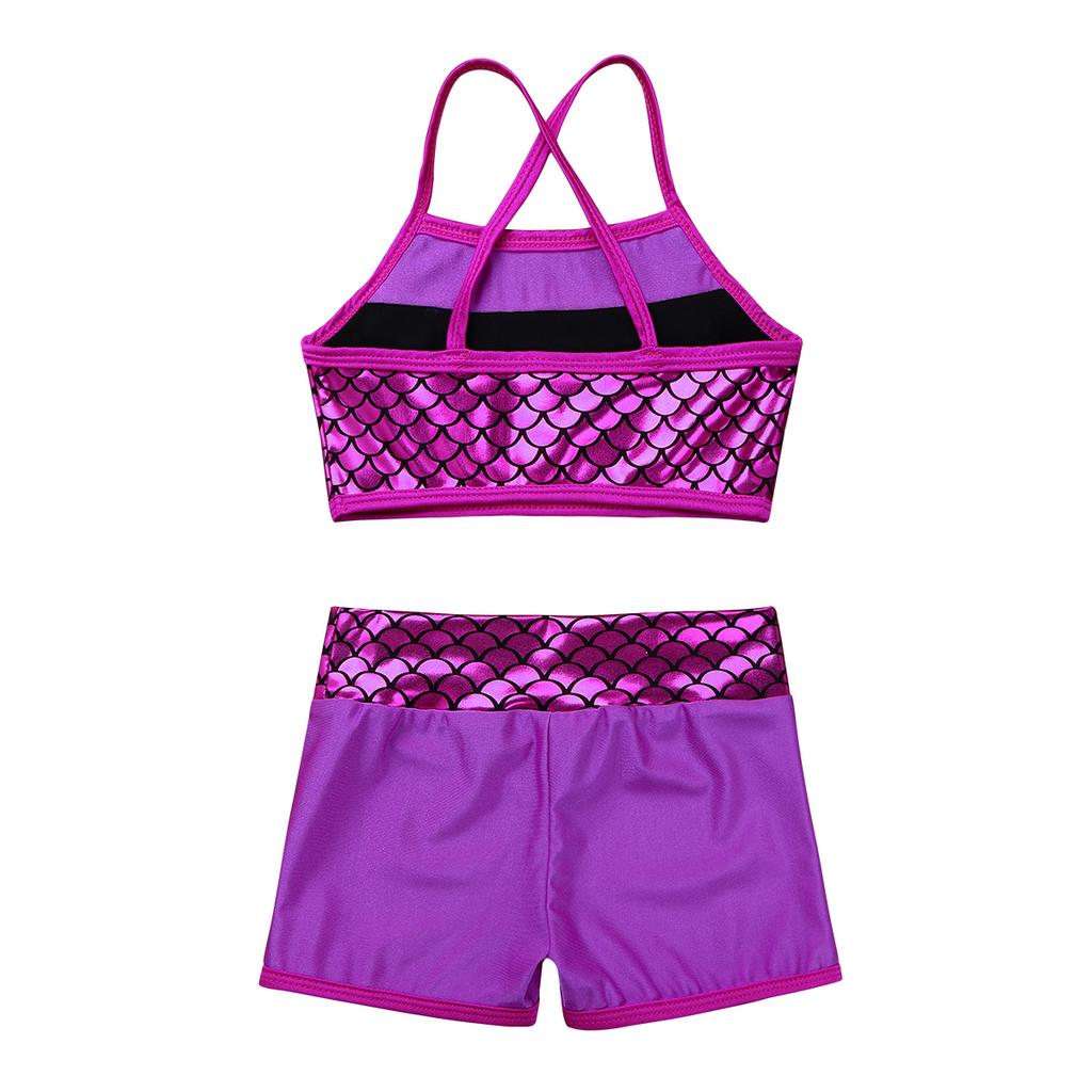 Kids Girls Sequins Mermaid Tank Top with Shorts Dance Outfit Gymnastics Dancing Costume Swimwear