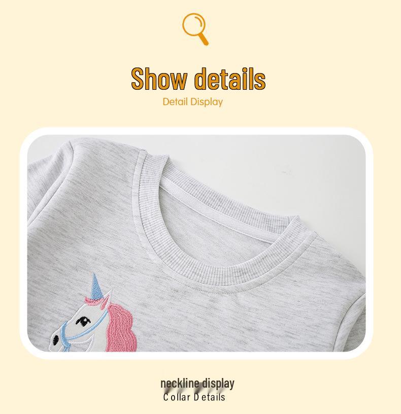 26-Year European & American Style Unicorn Embroidery Girls' Round Neck Long Sleeve Hoodie for Autumn/Winter