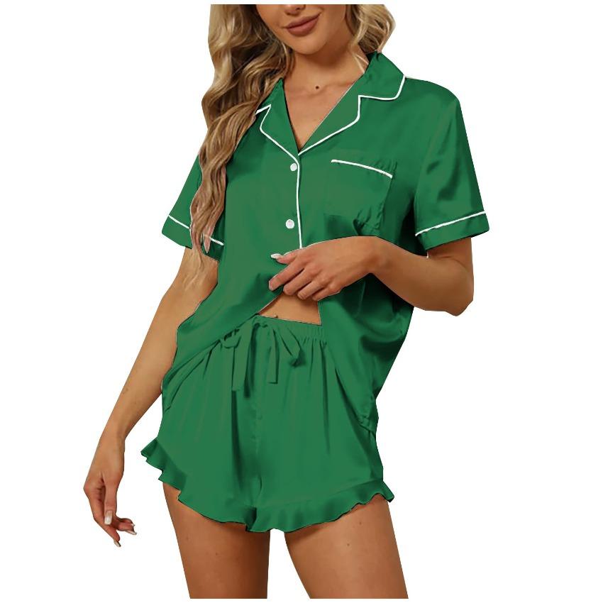 2026 Women Solid Color Pajama Set, V-Neck Short Sleeve Shirt & Lapel Loose Loungewear Set