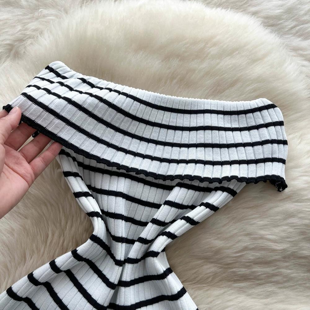 Summer Women Sexy Strapless Striped Knitted Sweater Office Work Sheath Dresses