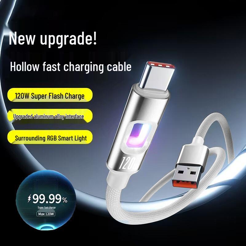 RGB Luminous 120W Fast Charging USB-C Cable for Apple 15/16 & Huawei, 6A.