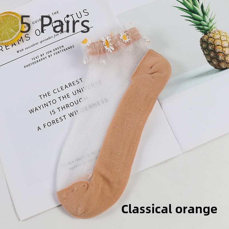 5 Pairs Spring/Summer Glass Wire Boat Socks Sewn with Daisy Lace Transparent Silk Women's Boat Socks