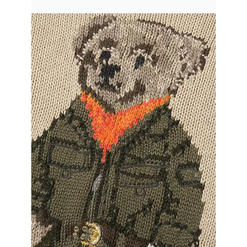 Unisex vlněný vyšívaný svetr se vzorem medvěda - Ležérní kulatý výstřih, Dlouhý rukáv