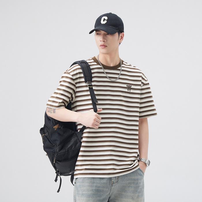 Spring and Summer Data Ice Silk Short-sleeved Men's Striped T-shirt Thin Short-sleeved Shirt