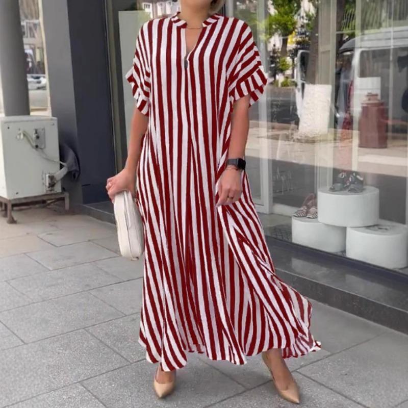Fashion Side Slit Striped Loose Casual Short-sleeved Dress