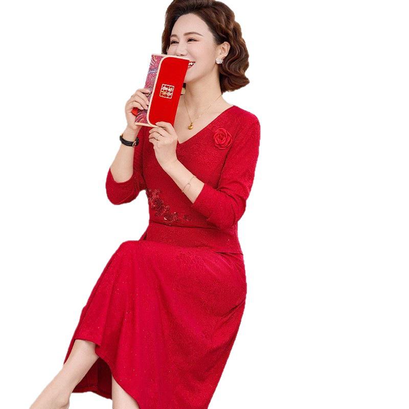 Elegant Red Wedding Banquet Mother-of-the-Bride Dress 2026
