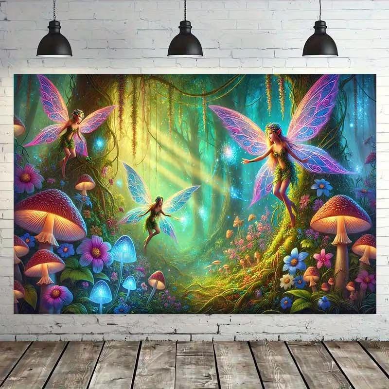 2D Magical Forest Fairies with Sparkling Lights Kids Birthday Party Backdrop