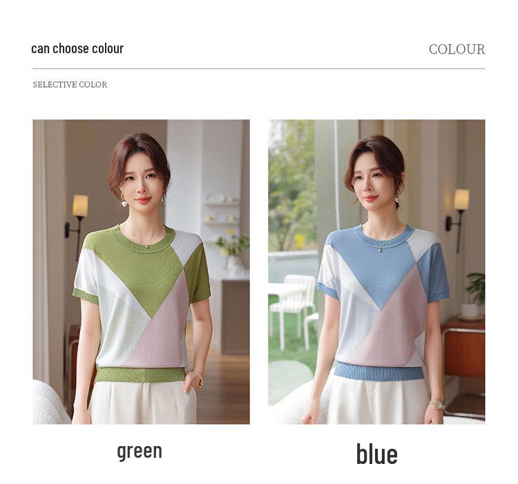 Mom's Summer 2026 Ice Silk Short-Sleeve Plus Size T-Shirt for Middle-Aged and Elderly Women - Knitted Loose Fit