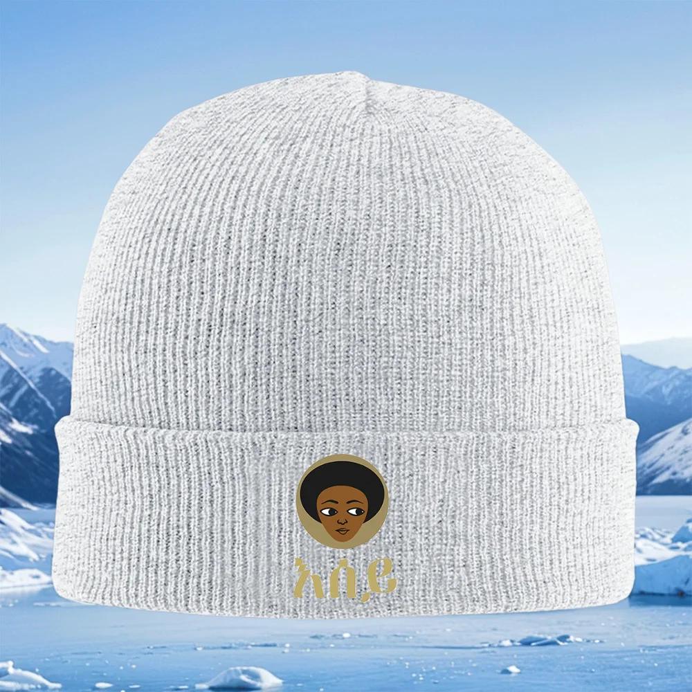 Afro Women Face Golden Circle Knitted Hat Unisex Women Unisex Beanie Pullover Cap Winter Thermal Warm Christmas Outdoor Cycling Hik