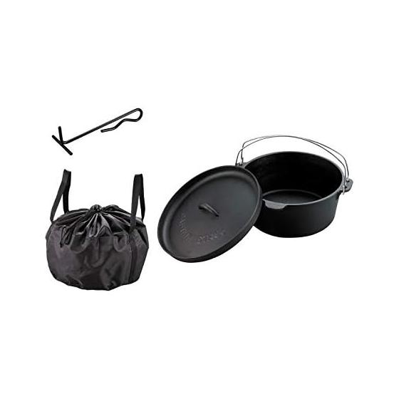 CAPTAIN STAG Dutch Oven Set, Cast Iron, No Seasoning Required, Lid Lifter and Storage Bag Included